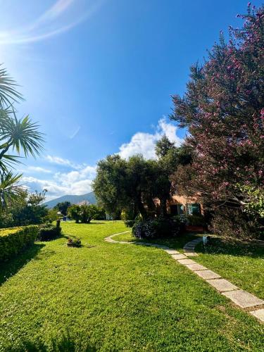 a grassy yard with trees and a pathway at Villa Luxe Mare & Parco Privato in Vesima