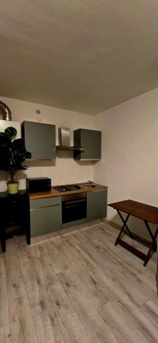 a kitchen with green cabinets and a wooden floor at SLEEP & GO Pisa in Pisa