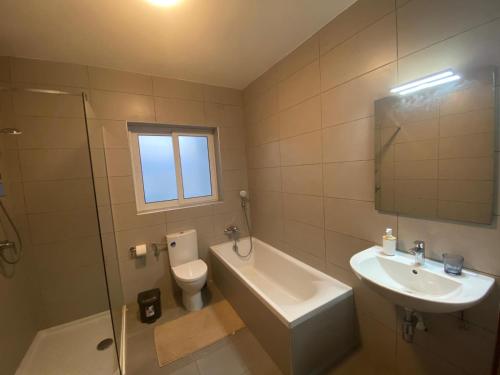 Un baño con lavabo, inodoro y ducha. en Sailsbury, en Msieraħ