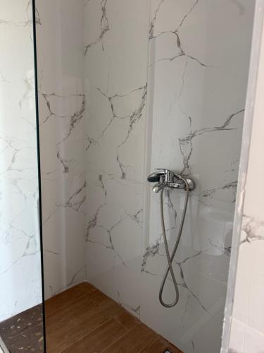 a shower in a bathroom with white marble walls at Lavender House 1 - Agios Nikitas in Agios Nikitas