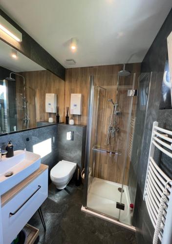 a bathroom with a shower and a toilet and a sink at Nowoczesna stodoła z balią na Mazurach in Trelkowo