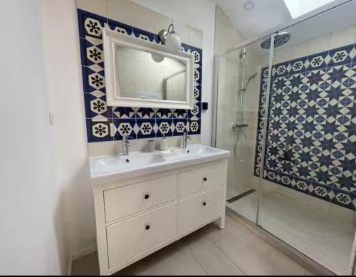 une salle de bain avec un lavabo, une douche et un miroir dans l'établissement Villa Les Lopins, à Arcachon