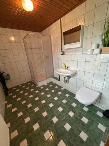 ein Badezimmer mit Toilette und Waschbecken in der Unterkunft Ferienwohnung Am Lilienstein in Bad Schandau