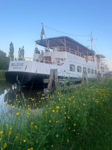 a boat sitting in the water next to a field of flowers at Två rum & kök Börstorpsgatan 13 B in Töreboda