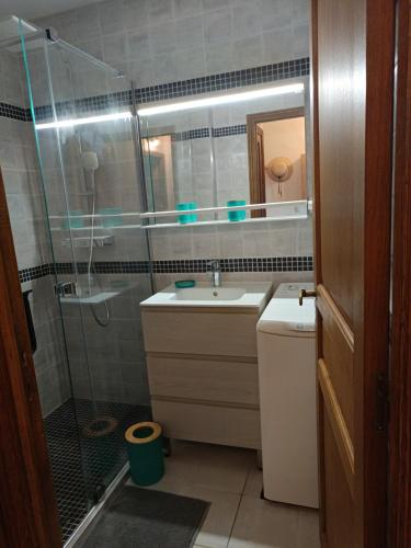 une salle de bain avec une douche, un lavabo et un miroir dans l'établissement 2 pièces terrasse proche mer, à Saint-Raphaël