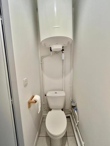 Elle comprend une petite salle de bains pourvue de toilettes blanches. dans l'établissement Alba CLIM Centre proche gare calme lumineux, à Grenoble