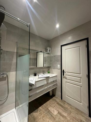 La salle de bains est pourvue d'une douche, d'un lavabo et d'une porte. dans l'établissement La Loge du Théâtre, à Orange