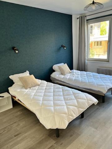 two beds in a bedroom with a green wall at L escale in Givet