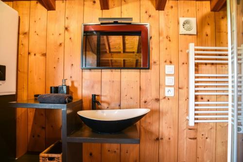 une salle de bain avec un lavabo et un miroir dans l'établissement Villa éco-lodge sur pilotis - Piscine, Vélo, Plancha - entre Bayonne et Hossegor, à Saint-Laurent-de-Gosse