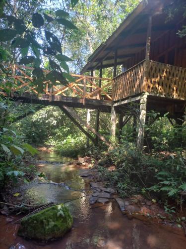 a bridge over a stream in front of a cabin at Yasí Yateré Reserva Agroecológica in El Soberbio