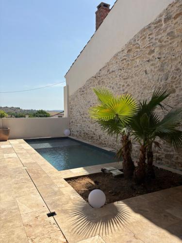 - une piscine avec un palmier à côté d'un mur de briques dans l'établissement La cave, à Paraza