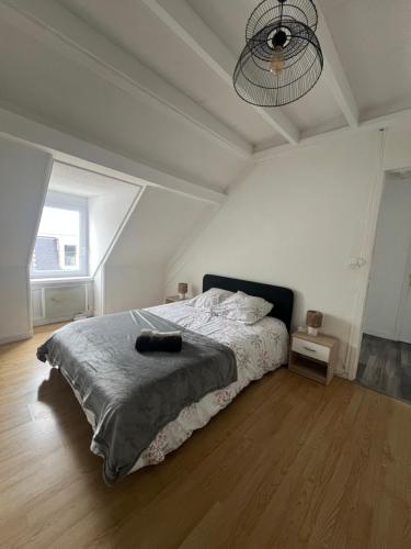- une chambre dotée d'un lit avec un objet noir dans l'établissement WingFlat Appartement Entier Centre Ville Proche Naval Cité de la mer Quartier Calme, à Cherbourg en Cotentin