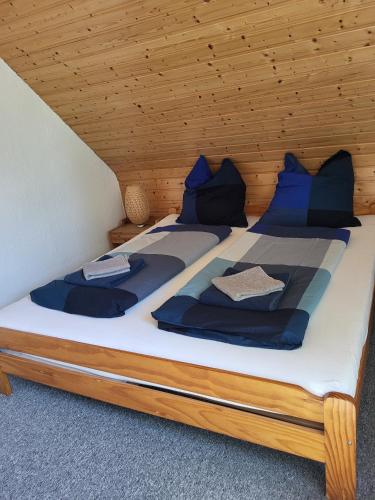 a bedroom with two beds with blue pillows at Ferienwohnung Kormoran in Kargow