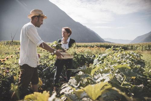 a man and a woman in a field of crops at Residenz Feldmühle unterhalb der Burg Taufers in Campo Tures
