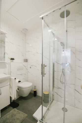 ジャコヴォにあるStudio apartman A Zoneのシャワーとトイレ付きの白いバスルーム