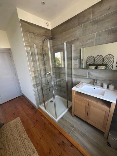 a bathroom with a shower and a sink at Maison de village avec spa in Barbentane