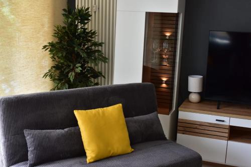 a living room with a gray couch with a yellow pillow at Haus Edelweiss Panorama incl, Königscard in Nesselwang