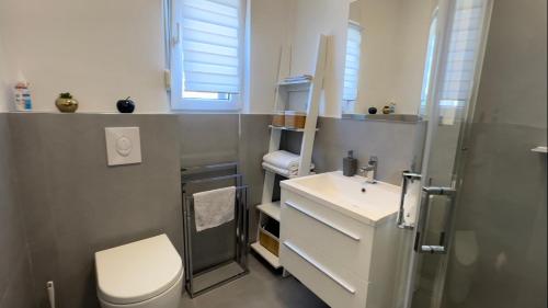 ファジャナにあるPark Plaza Apartmentsの白いトイレと洗面台のあるバスルーム