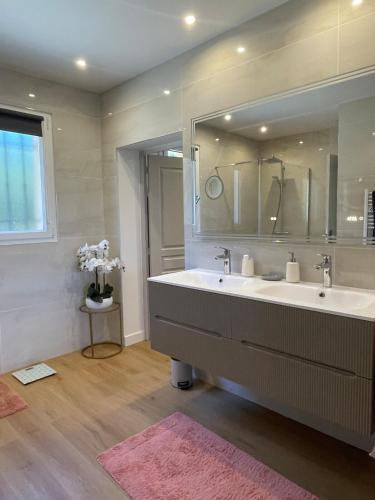 La salle de bains est pourvue d'un grand lavabo et d'un grand miroir. dans l'établissement Villa Sole - Recharge and Dream, à Saint-Paul-de-Vence