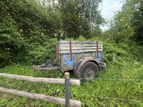 an old truck sitting in the grass next to a fence at Hotel Waldberg in Stolberg