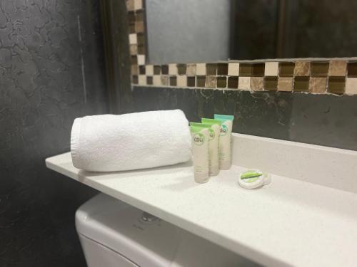 a bathroom sink with a roll of toilet paper on it at Cabañas Rukaparra in Pinto