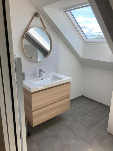 baño con lavabo y tragaluz en Gîte en campagne, idéal randonneurs, en Lopérec