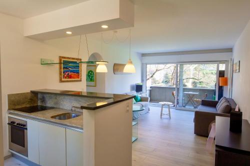 a kitchen with a sink and a living room at Lugano Lakefront - Private Beach & Pool in Melano