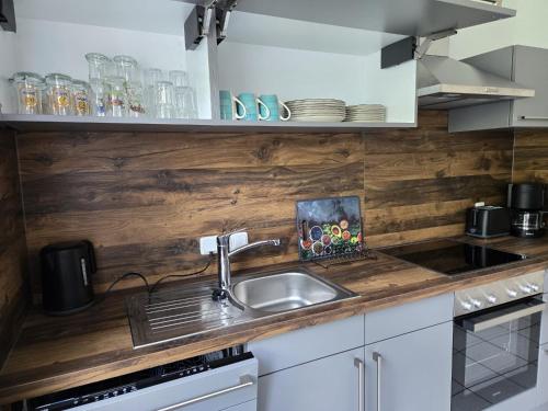 a kitchen with a sink and wooden wall at Haus Edelweiss Panorama incl, Königscard in Nesselwang
