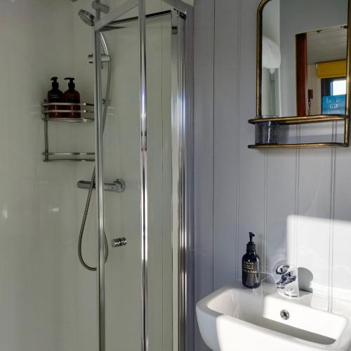 un bagno con doccia e lavandino di Dingle Way Glamping DANÚ Annascaul a Tralee