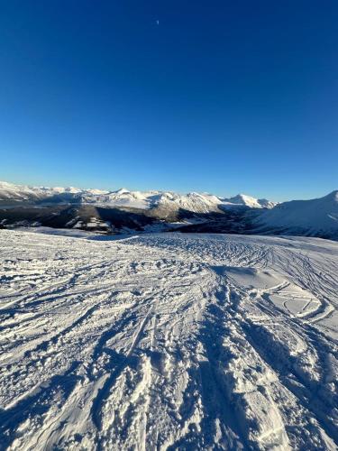 a snowy field with snow covered mountains in the background at Exclusive Fjord Lodge with Private Jacuzzi and Epic Views in Lii