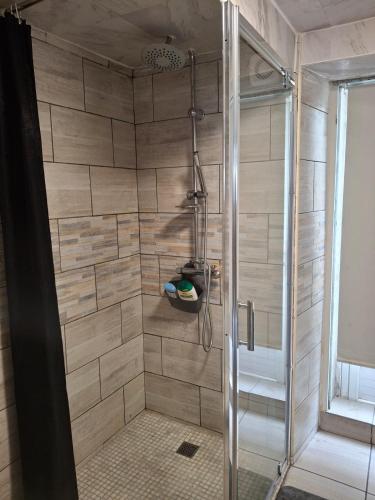 a shower with a glass door in a bathroom at Appartements rénové a neuf au rez de chaussé de notre maison in Plourin