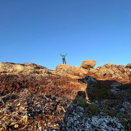 a person standing on the top of a mountain at Exclusive Fjord Lodge with Private Jacuzzi and Epic Views in Lii