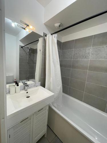 une salle de bain avec un lavabo, une baignoire et une douche dans l'établissement HIBISCUS - Duplex avec Jardin privé - 6 Pers- Entrée Autonome - Wifi & Parking Gratuite, à Dammarie-les-Lys