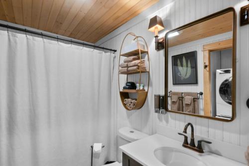 a bathroom with a sink and a shower curtain at Cozy Cottages Brown Cottage Hot tubTown in Saugatuck