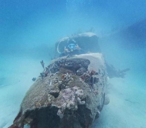 a person swimming next to a rock in the ocean at Atalaya Buceo Cari Blue in Playa Blanca