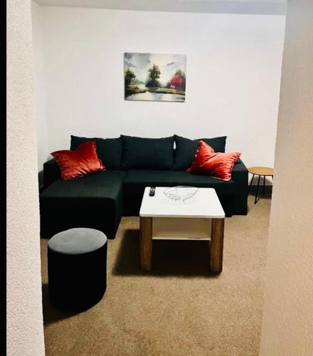 a living room with a black couch and a coffee table at Apart Cobras Jajce in Jajce