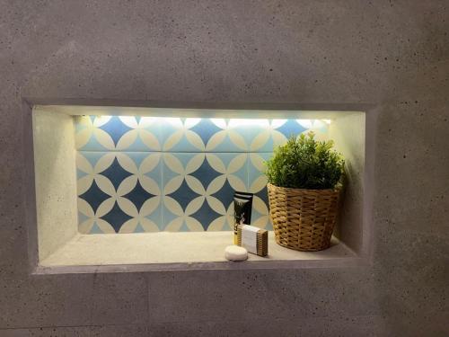 a bathroom mirror with a potted plant on a shelf at Swanee Grand in Negombo