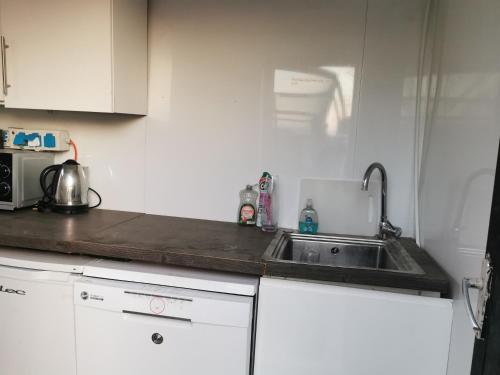 a kitchen with a sink and a microwave at Lincoln Big Dome, 4 beds, Projector - Groups OK in Snelland