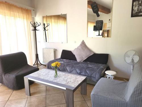 a living room with a couch and a table at 15mn de Cannes, Villa la Soleiade , Gite ,Lodge , type T2, clim, piscine, parking au Lac de Saint-Cassien VAR in Montauroux