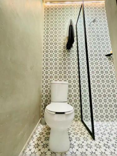a bathroom with a white toilet and a shower at Bugambilia Azul Centro Oaxaca in Oaxaca City