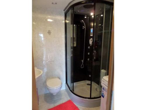 a bathroom with a toilet and a glass shower at 1-bedroom holiday apartment in Berchtesgaden