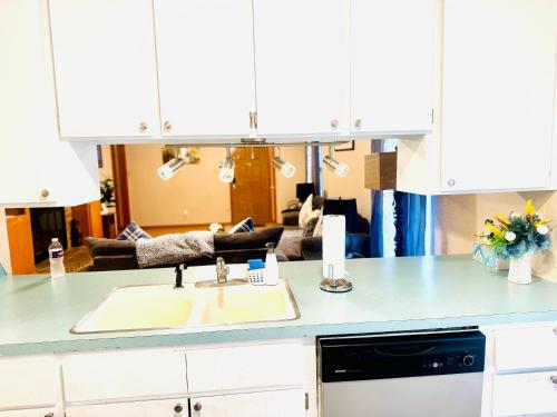 a kitchen with a sink and a living room at Harmony in Lawton
