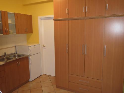 a small kitchen with wooden cabinets and a sink at Apartment Palada in Baška