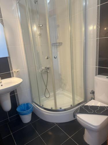 a bathroom with a shower and a toilet and a sink at Hotel Delta in Fethiye