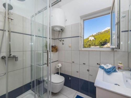 a bathroom with a toilet and a sink and a window at Apartments Tafra - One Bedroom Apartment in Lokva Rogoznica