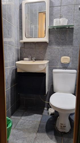 a bathroom with a toilet and a sink and a mirror at RustiCidade in São Paulo