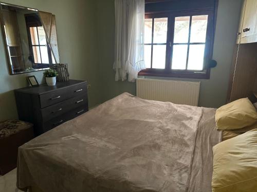 a bedroom with a bed and a dresser and a mirror at Blue Panorama Crystal in Mákri