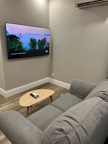 a living room with a couch and a flat screen tv at ENTIRE BACHELOR UNIT EN-SUITE ACROSS FROM GOOGLE - br2 in Kitchener