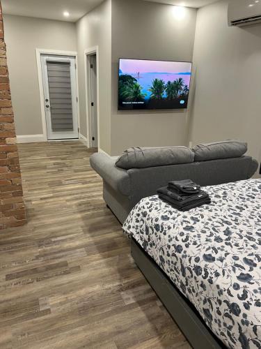 a living room with a bed and a couch at ENTIRE BACHELOR UNIT EN-SUITE ACROSS FROM GOOGLE - br2 in Kitchener
