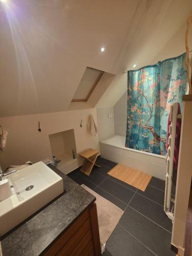 une salle de bain avec un lavabo et un rideau de douche dans l'établissement TY MIALY, à Erdeven